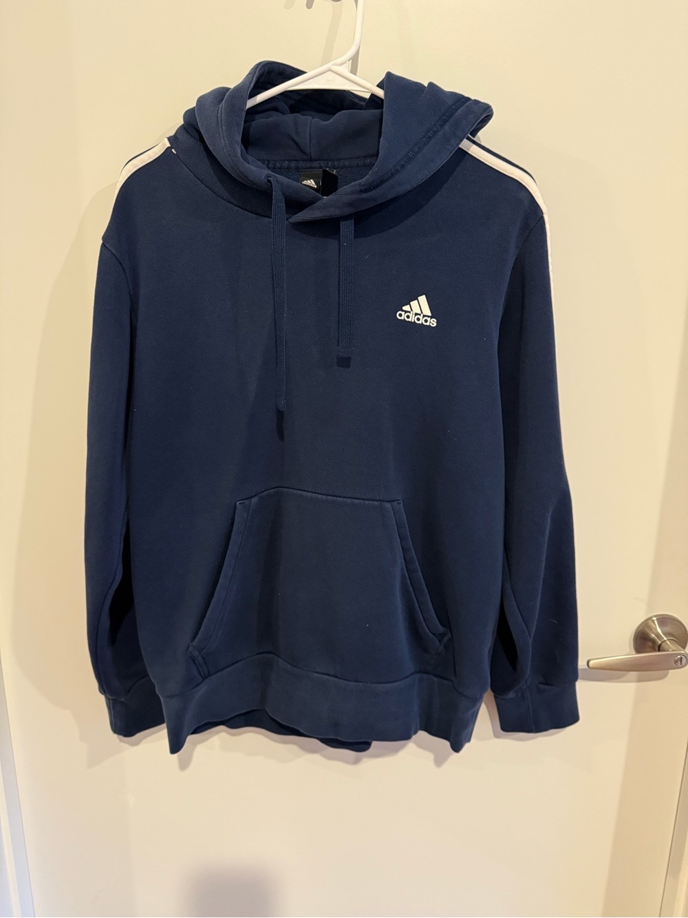 adidas Navy Crewneck Hoodie with White Logo and Shoulder Stripes